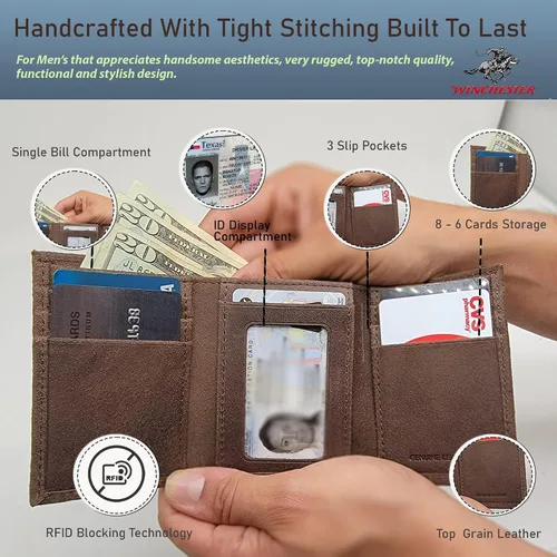 Miniatura 4 de Winchester Trifold Carteras para hombres de cuero genuino grano completo, delgado minimalista cartera RFID ranura para tarjeta con ventana