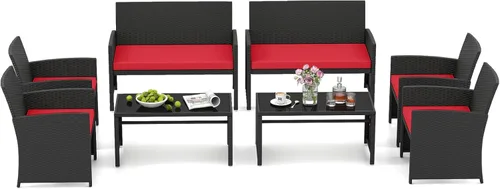 Miniatura 26 de HAPPYGRILL Juego de 4 muebles de mimbre para exteriores con mesa de centro de vidrio templado, cojines suaves, juego de sillas de ratán resistentes