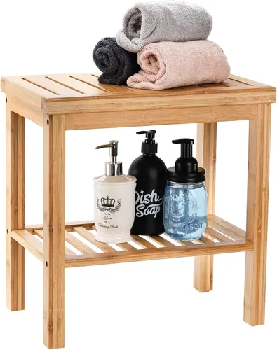 Miniatura 7 de SOUJOY Banco de ducha de bambú, taburete de asiento de baño, taburete de afeitado para reposapiés de spa, estante de almacenamiento para toalla