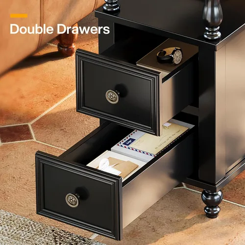 Miniatura 4 de Tribesigns Mesa auxiliar de madera con acabado negro con 2 cajones, mesitas de noche delgadas de madera de mediados de siglo con estante