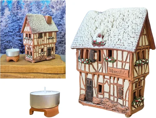 Colección de casas y pueblos de cerámica - Casa hecha a mano en miniatura de bodega histórica en Bernkastel-Kues, Alemania - Vela, cono de incienso