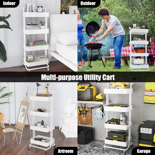 Miniatura 8 de Devo Carrito con ruedas de 4 niveles, carrito de almacenamiento resistente, con asa, 4 ganchos laterales, 2 tazas de almacenamiento y ruedas