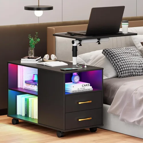 Miniatura 8 de Gurexl Mesita de noche LED de 360° con estación de carga inalámbrica, mesita de noche ajustable movible con bandeja para portátil, soporte de noche