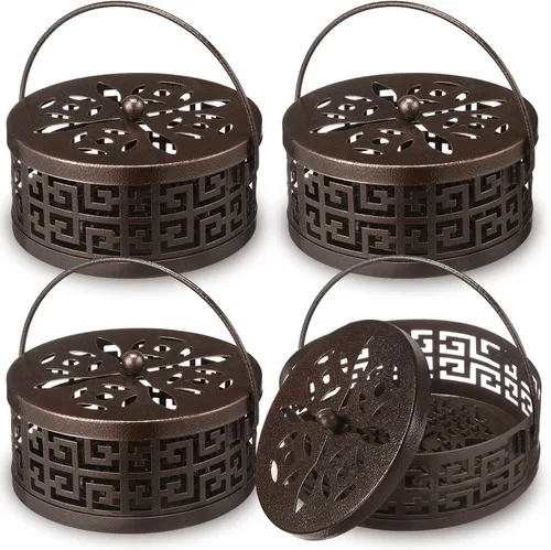 Miniatura 9 de Lallisa 4 piezas de soporte para bobina de incienso para mosquitos, redondo, retro, portátil, de metal, para colgar en el hogar, campamento
