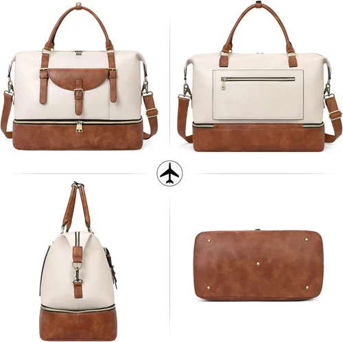 Miniatura 7 de CLUCI Bolsa de fin de semana para mujer, de cuero, grande, con compartimento para zapatos, Beige con marrón.
