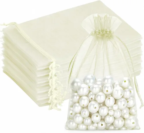 Miniatura 29 de G2PLUS - 25 bolsas de organza doradas de 5 x 7 pulgadas, bolsas de malla transparente para joyería, bolsas de regalo de organza con cordón