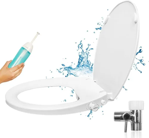 GenieBidet Asiento de inodoro con bidé lateral izquierdo alargado, boquillas dobles con adaptador en T y botella, presión de agua ajustable y Lado
