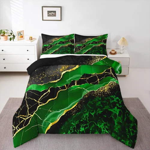 Miniatura 36 de Juego de edredón de mármol negro individual, ropa de cama dorada agrietada para adultos, hombres y mujeres, juegos de edredón de textura metálica