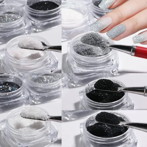 Miniatura 7 de 6 tarros de polvo de purpurina para uñas, color negro y blanco, polvo de plata, polvo de azúcar francés superfino con purpurina iridiscente