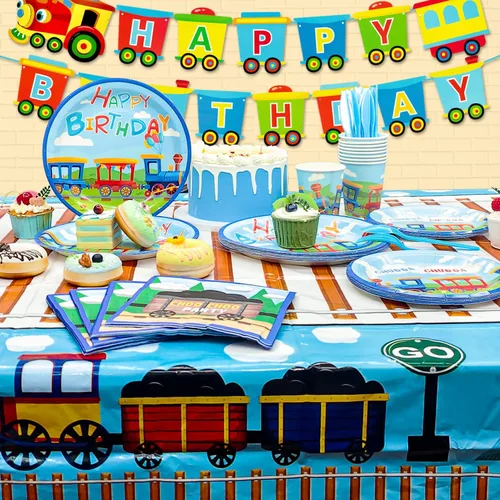 Miniatura 3 de Suministros para fiesta de cumpleaños de tren, juego de vajilla de 128 piezas para decoración de fiesta de tren, platos y tazas, servilletas, tren