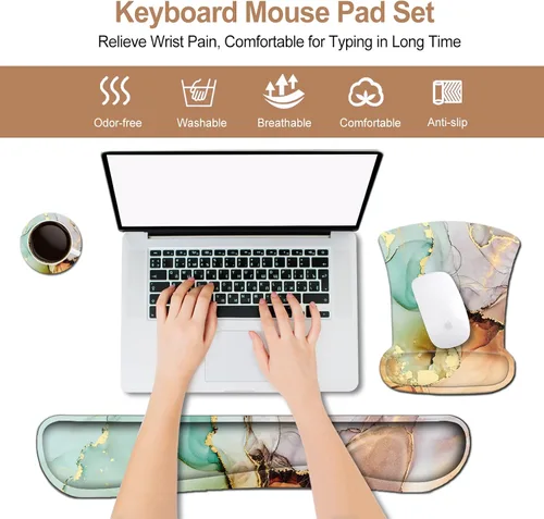Miniatura 2 de ArtSo Reposamuñecas para teclado + alfombrilla para mouse con soporte para reposamuñecas ergonómico + juego de posavasos 3 en 1, base Mármol azul