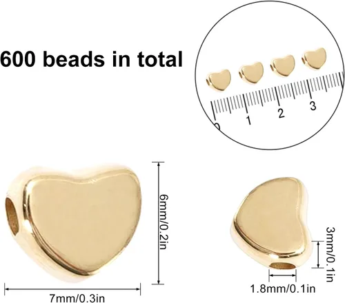 Miniatura 2 de Whaline 600 cuentas acrílicas doradas en forma de corazón con cuerda elástica para hacer joyas, bricolaje y decoración del hogar Dorado
