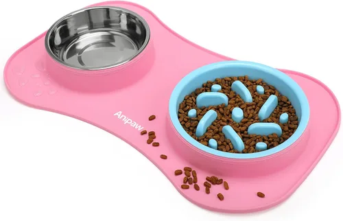Miniatura 8 de Anipaw Cuencos de alimentación lenta para perros 3 en 1 de acero inoxidable para alimentos y agua con alfombrilla de silicona antideslizante