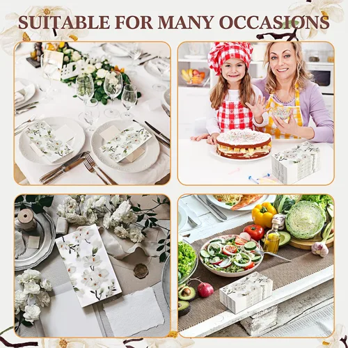 Miniatura 5 de Outus 100 servilletas de mano desechables con diseño floral de magnolia blanca de 3 capas de flores de primavera, para baño, servilletas de papel