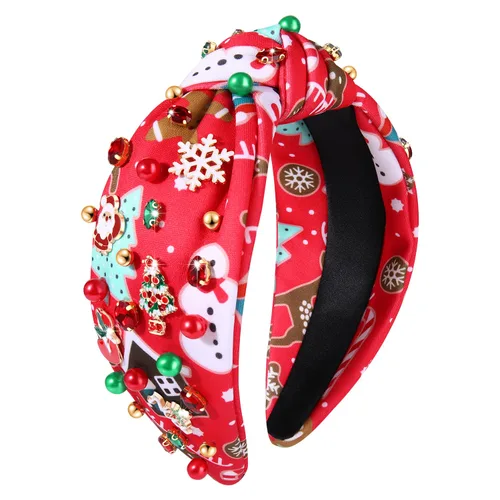 Miniatura 9 de boderier Diademas de Navidad para Mujeres Diadema de Árbol de Navidad con Cuentas Diadema Ancha Anudada de Cristal Accesorios para el Cabello
