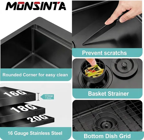 Miniatura 6 de Fregadero de cocina de 33 x 22 pulgadas, color negro, 33 pulgadas de montaje superior, fregadero de cocina de acero inoxidable calibre 16, estación