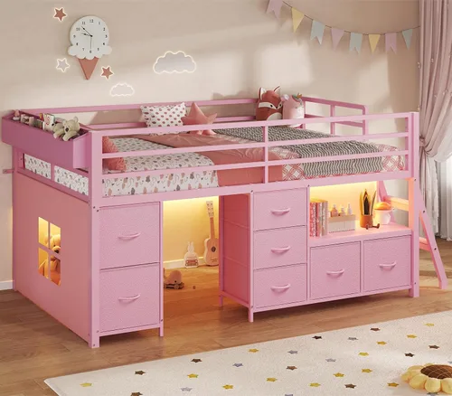 Miniatura 17 de ADORNEVE Cama baja tipo loft tamaño individual con 7 cajones de almacenamiento, estantería y luces LED, cama alta de metal para niños con barandilla