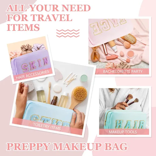 Miniatura 4 de 4 bolsas de aseo de viaje para mujer, bolsas de maquillaje preparadas, organizador de cosas para la cara y el cabello, bolsa de felpilla