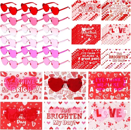 Kathfly 30 juegos de tarjetas de San Valentín con lentes de sol de corazón a granel para regalos unisex (lentes de corazón rosas)
