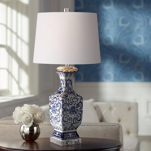 Miniatura 10 de Barnes and Ivy Iris - Juego de 2 lámparas de mesa asiáticas chinas estilo tarro de 28 pulgadas de alto, cristal de porcelana azul, Ginebra de tela