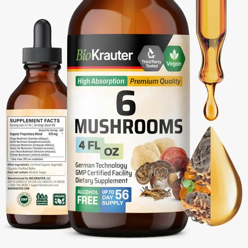 BIO KRAUTER® Complejo de hongos 6 en 1 con melena de león, chaga, reishi, cordyceps, cola de pavo y shiitake - Suplemento vegano de hongos para