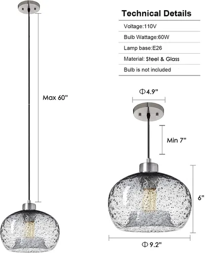 Miniatura 6 de Luz Colgante de Cristal Semillado Rústico Soplado a Mano para Techo Suspendido, Lámpara Colgante con Polvo de Arena Negra, Transparente, Acabado