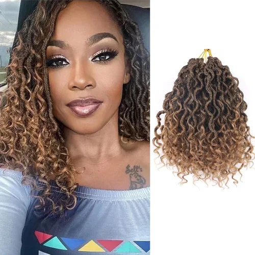 Miniatura 33 de Cabello de Crochet de 8 Pulgadas para Mujeres Negras, 7 Paquetes de Cabello de Crochet Goddess Locs con Puntas Rizadas, Locs Falsos Cortos con Bucle
