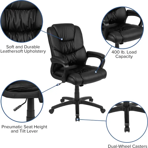 Miniatura 11 de Flash Furniture Fundamentals - Silla giratoria grande y alta de LeatherSoft para oficina y juegos, silla de oficina ergonómica con reposabrazos Negro