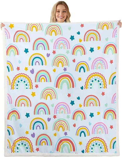 Miniatura 14 de Manta de franela arcoíris para todas las estaciones, colorida manta de cama con diseño de estrellas, luna y cielo para decoración de habitaciones