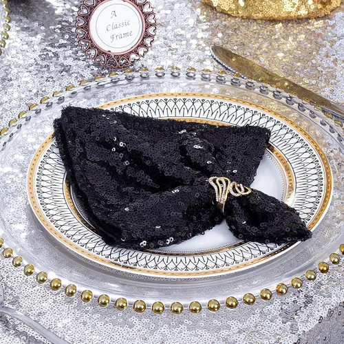 Eternal Beauty Servilletas de tela de lentejuelas negras de 12 x 12 pulgadas, paquete de 12 para fiestas, bodas, cenas de cumpleaños
