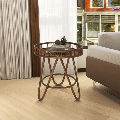 Miniatura 11 de FINECASA Mesa de centro redonda de ratán bohemio, tejida a mano, estilo moderno, mesa de centro redonda de mimbre para sala de estar, 32 x 18 Marrón
