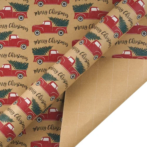 Miniatura 6 de RUSPEPA Papel de regalo, papel kraft – Copos de nieve, coche y árbol de Navidad, rayas y Feliz Navidad – 4 rollos – 30 pulgadas x 10 pies por rollo