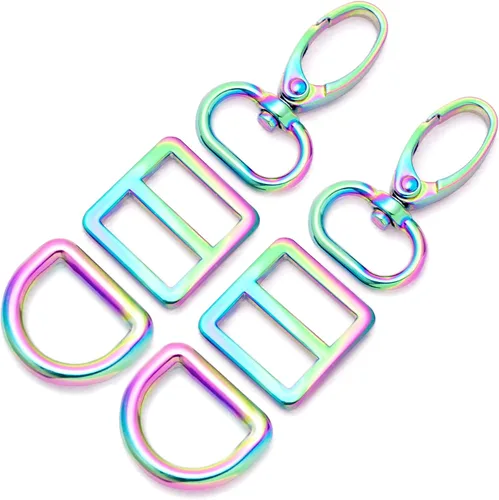 Ganchos giratorios de metal con anillos en D y hebillas deslizantes para bolso arcoíris Tri-Glides..