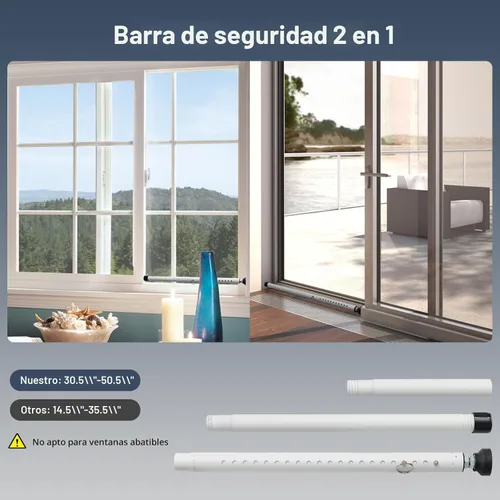 Miniatura 3 de DIIG Barra de Seguridad para Puerta Corrediza, 17.7-50.5 pulgadas Barra de Seguridad de Ventana Ajustable con Puntas de Goma, Diámetro 1 pulgada