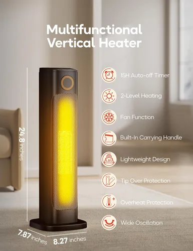 Miniatura 2 de Calentadores de espacio de 25 pulgadas para uso en interiores, calentadores eléctricos para habitaciones grandes, temporizador de 15 horas, Negro