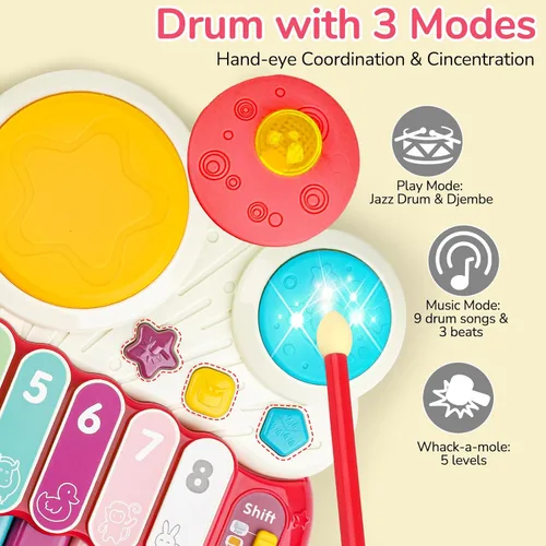 Miniatura 7 de AugToy 3 en 1 juguetes musicales para niños pequeños de 1 a 3 años, juego de piano, xilófono y tambor, juguetes para niñas de 1, 2 y 3 años de edad