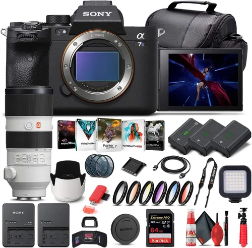 Sony Cámara digital sin espejo Alpha a7S III (solo cuerpo) (ILCE7SM3/B) + lente Sony FE de 2.756-7.874 in + tarjeta de memoria de 64 GB + 2 baterías