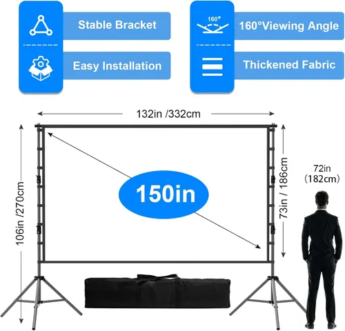 Miniatura 5 de Pantalla de proyector para exteriores con soporte, pantalla de proyector portátil de 120 pulgadas, soporte resistente, altura ajustable, pantalla