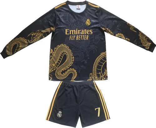 Miniatura 2 de Madrid Ronaldo #7 Special Gold Black Dragon Edition - Conjunto de pantalones cortos de fútbol de manga larga para niños, tallas juveniles