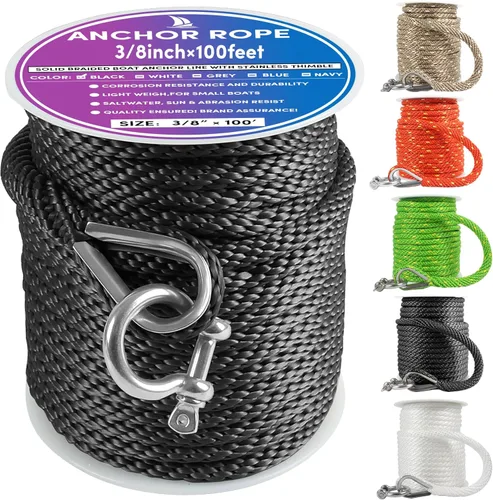 Cuerda de anclaje premium de 100 pies x 3/8 pulgadas, cuerda marina de línea de anclaje MFP trenzada sólida con dedal y grillete, color negro