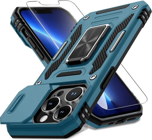 Miniatura 185 de DEERLAMN Funda para iPhone Xs Max con funda deslizante para cámara + protector de pantalla, soporte giratorio de anillo de grado militar a prueba