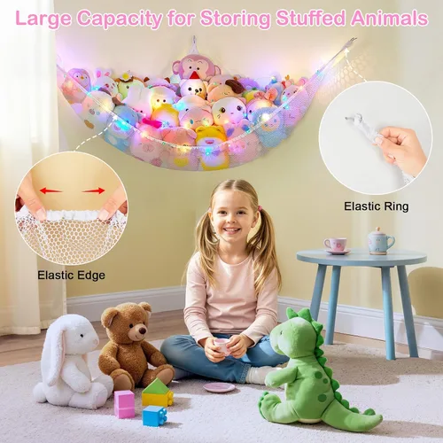 Miniatura 3 de Basumee Hamaca de animales de peluche con luz LED, organizador de red de juguetes de peluche, organizador de esquina para almacenamiento de animales