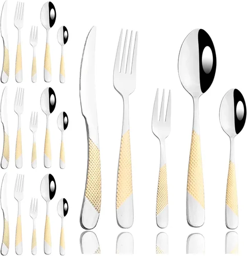 JASHII Juego de cubiertos martillados, 20 piezas de acero inoxidable de alta calidad para 4, incluye tenedor y cucharadita, apto para lavavajillas,