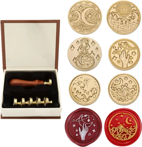 Juego de sellos de cera Yoption, 6 sellos de cera de cobre + 1 kit de sellos de cera de madera vintage retro clásico, kit de sello de cera de
