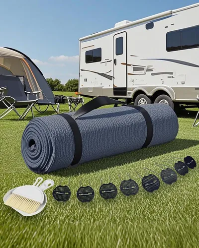 Miniatura 12 de FoundGo Alfombra para toldo de polietileno de alta densidad con ojales, clavos, escoba, para caravana, patio, patio trasero, picnic, playa, Gris