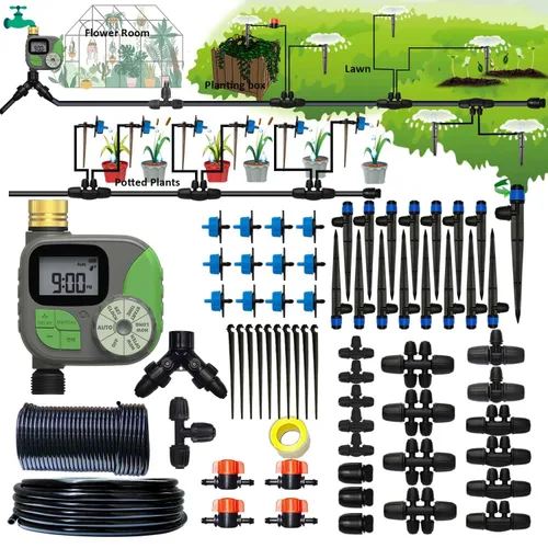 Miniatura 9 de Kit de riego por goteo de 64 pies con temporizador de jardín, sistema de riego de plantas con boquillas de chorro de tubería y temporizador de agua