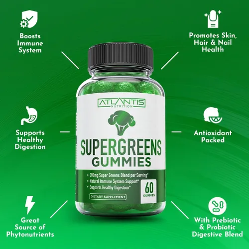 Miniatura 4 de Atlantis Nutrition Supergreens Gomitas - Suplemento diario de superalimentos verdes con espinacas, brócoli, moringa, remolacha, apio, té verde
