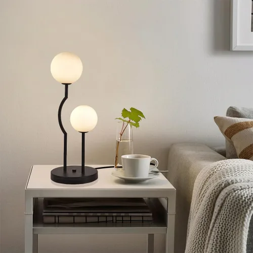 Miniatura 4 de Lámpara de mesa de globo negro de mediados de siglo industrial retro con 2 luces orbiculares de escritorio con globo de vidrio blanco para mesita