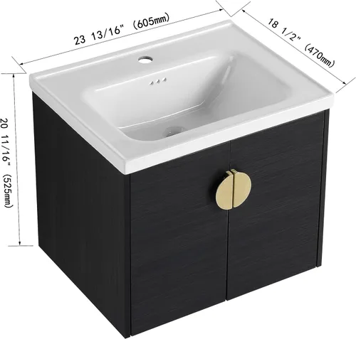 Miniatura 2 de Juego de tocador de baño de 24 pulgadas con lavabo montado en la pared, moderno juego de tocador de baño con lavabo de cerámica blanca y mango