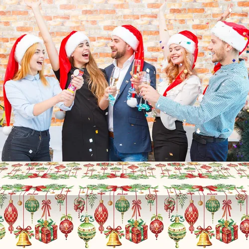 Miniatura 7 de Frienda Paquete de 3 manteles de plástico para Navidad, mantel de Navidad desechable rectangular para decoración de fiesta de Navidad, suministros